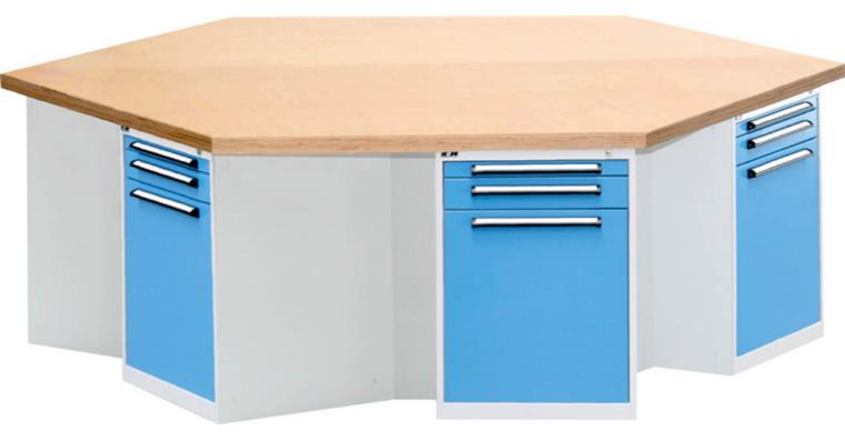 Hexagonal workbench solid beech 40mm 3 drawers RAL 5012