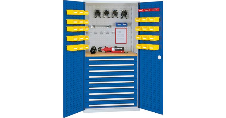 Schrank m. Sichtfenstertür, Mod. 7, 7035/5012, 9 Schubladen