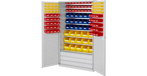 Large cabinet 1950x1130x590mm RAL 7035/5012 138 easy-view storage bins 9 shlvs.