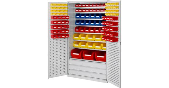 Large cabinet 1950x1130x590mm RAL 7035/5012 126 easy-view storage bins 8 shlvs.