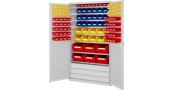 Large cabinet 1950x1130x590mm RAL 7035/5012 118 easy-view storage bins 7 shlvs.