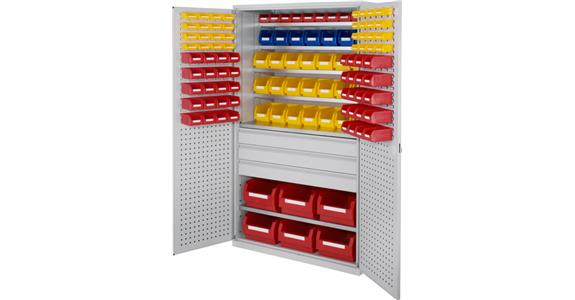 Large cabinet 1950x1130x590mm RAL 7035/5012 116 easy-view storage bins 6 shlvs.
