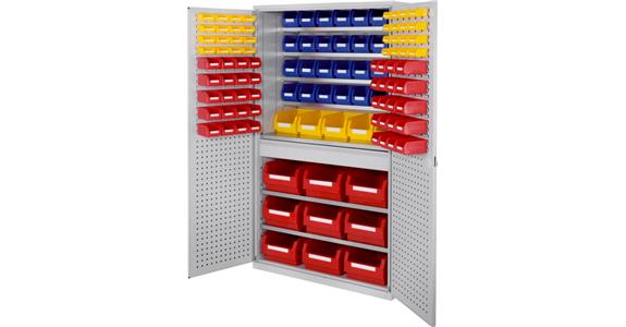 Large cabinet 1950x1130x590mm RAL 7035/5012 114 easy-view storage bins 7 shlvs.