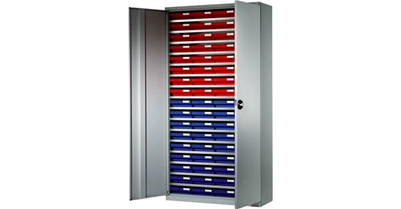 Storage cabinet H1950xW1000xD410 mm including 68 boxes RAL 7035