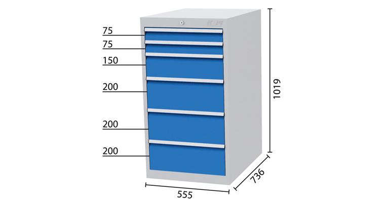 Drawer cabinet 6 drawers 5010 2x75, 1x150, 3x200mm WDH 555x736x1019mm
