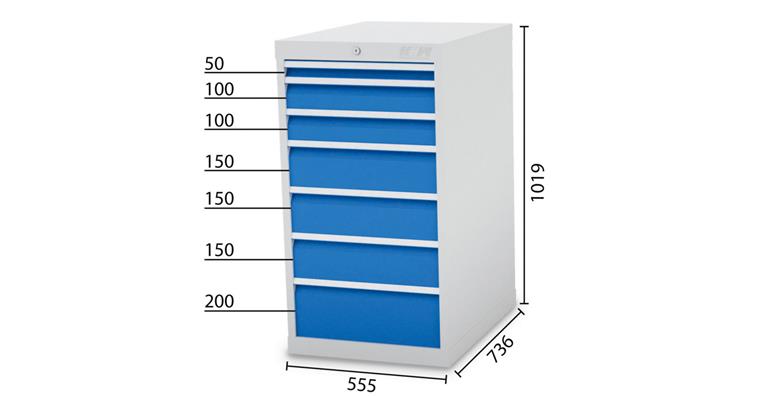 Schubladenschrank 7 Schubladen 5010 1x50 2x100 3x150 1x200mm 555x736x1019mm