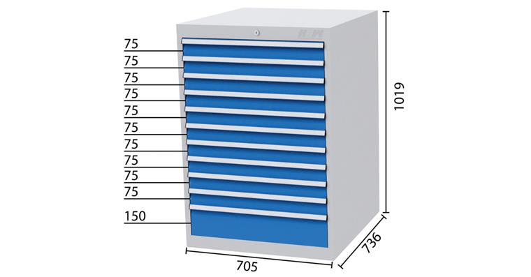 Schubladenschrank 11Schubladen 7035/5010 10x75, 1x150mm-BTH 705x736x1019mm