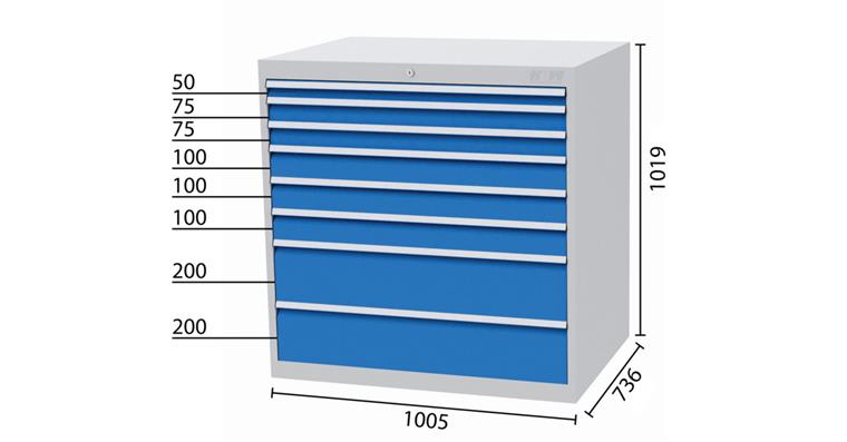 Schubladenschrank 8 Schubladen 5010 1x50 2x75 3x100 2x200mm