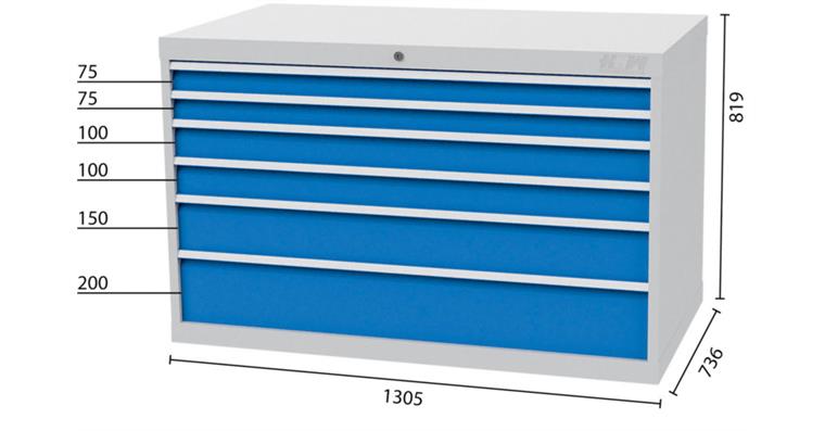 1084386201 Tool cabinet 1305x736x819mm 6 drawers 2x75 2x100 1x150 1x200 mm 7035/5010