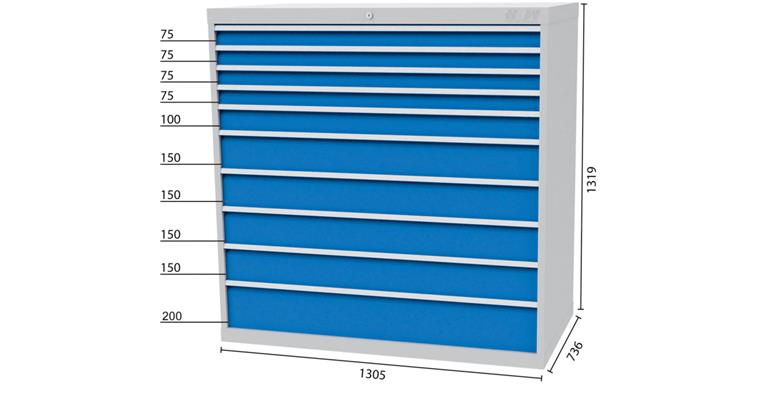 Werkzeugschrank 1305x736x1319mm 10 Schubl. 4x75 1x100 4x150 1x200 mm 7035/5010