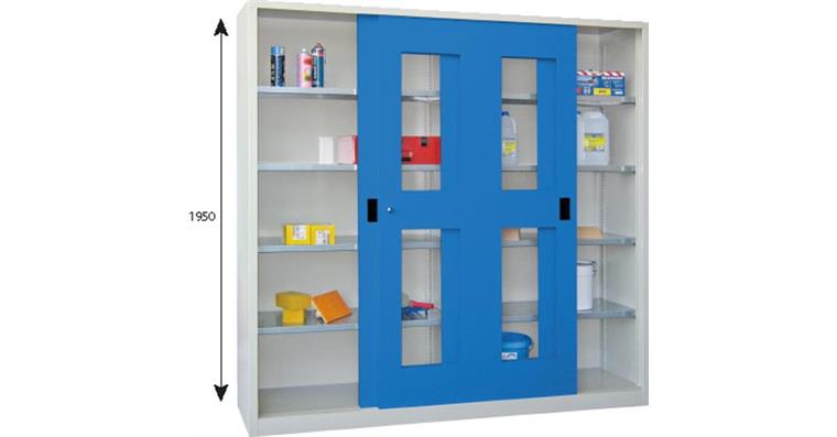 Schiebetürenschrank Sichtfenstertüren H 1950 x B 1500 x T 500 mm RAL 7035/5012