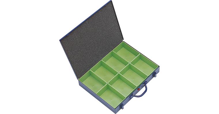 Kleinteile-Sortimentskoffer Stahlblech blau 440x330x66 mm mit 8 Boxen 108x162 mm