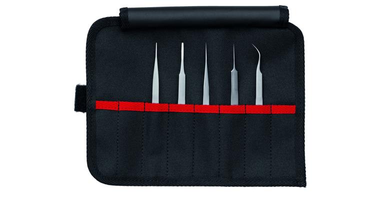 Precision tweezers set, 5 pieces in tool roll