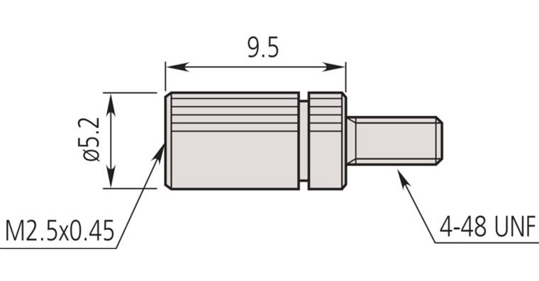 Gauge slide adapter for dial gauges, M2.5x0.45 to 4-48 UNF, 9.5 mm, steel