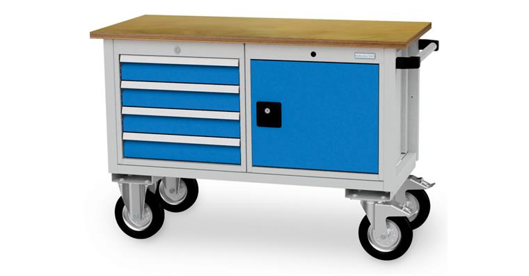Mobile Werkbank B1200xT540xH820mm RAL7035/5012 4x Schublade, 1x Tür