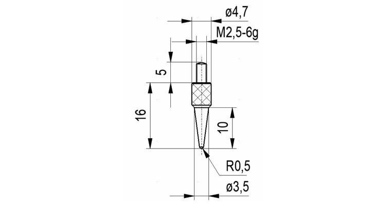 Sharp probe no. 2 for dial gauges and precision pointers A thr. M2.5 0.5 radius