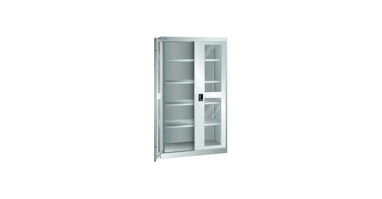 Schwerlastschrank mit 2 Sichtfenster-Flügeltüren 1100x641x1950mm RAL 7035