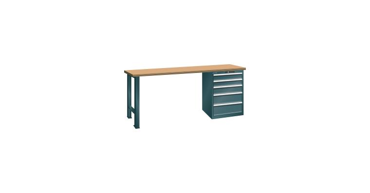 Werkbank 1500x750x890mm 5 Schubladen 2x100/1x150/2x200 75kg Multiplex RAL 7016