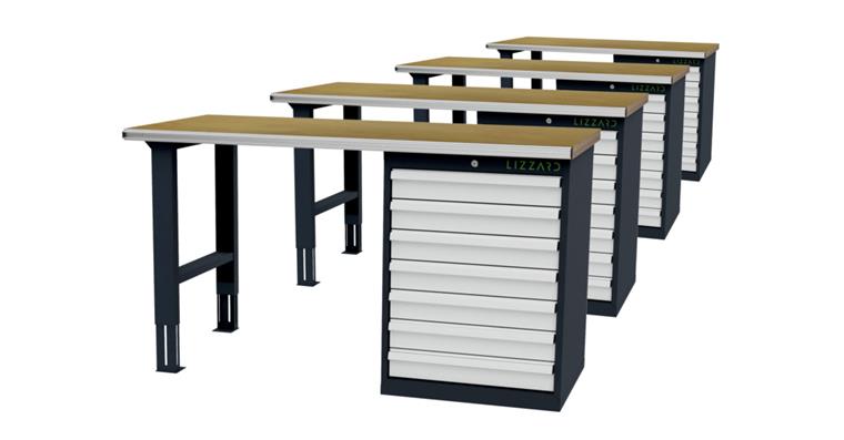 LIZZARD Reihenwerkbank 7 Schubladen 1 Gehäuse B1500xT750xH860mm RAL7016/7035 4er-Set