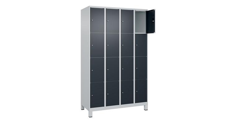 Schließfachschrank Classic PLUS, Füße, 16 Fächer, 1950x1200x500mm RAL 7035/7016