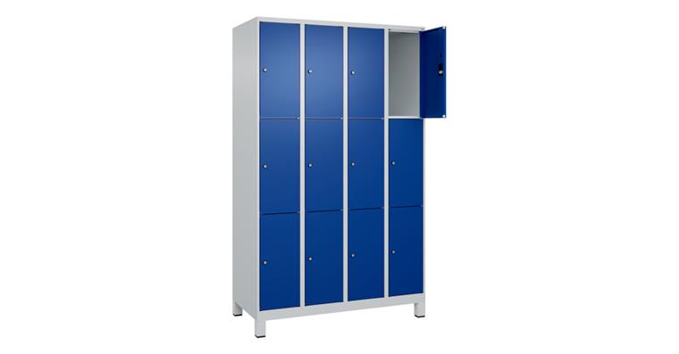 Schließfachschrank Classic PLUS, Füße, 12 Fächer, 1950x1200x500mm RAL 7035/5010