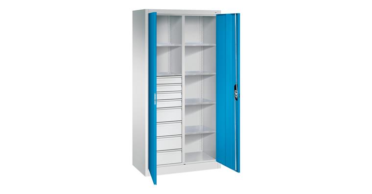 Hinged door tool cab. 1950x930x500mm, 6 shelves, 4 sm.+4 lrg. drawers RAL5012
