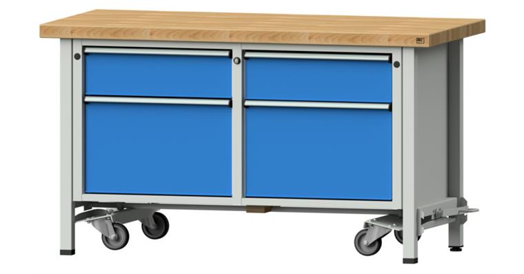Kastenwerkbank mobil 1500x700x850mm 4 Schubladen Buche-Massivplatte 7035/5012