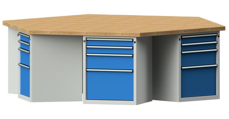 Gruppenwerkbank 6-Eck 2340x2700x850mm Buche-Massivplatte 7035/5012
