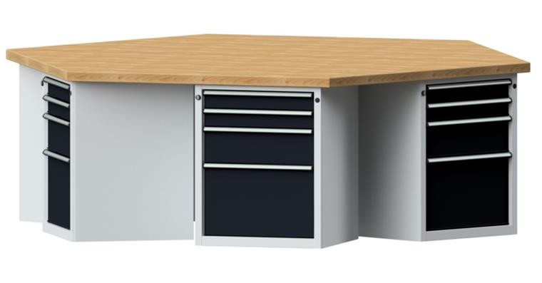Gruppenwerkbank 6-Eck 2340x2700x850mm Buche-Massivplatte 7035/7016