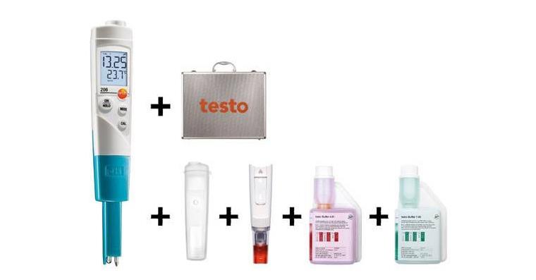 pH tester f. liquids, starter set TESTO 206-pH1 calibr. dosing fluid 250ml pH4+7